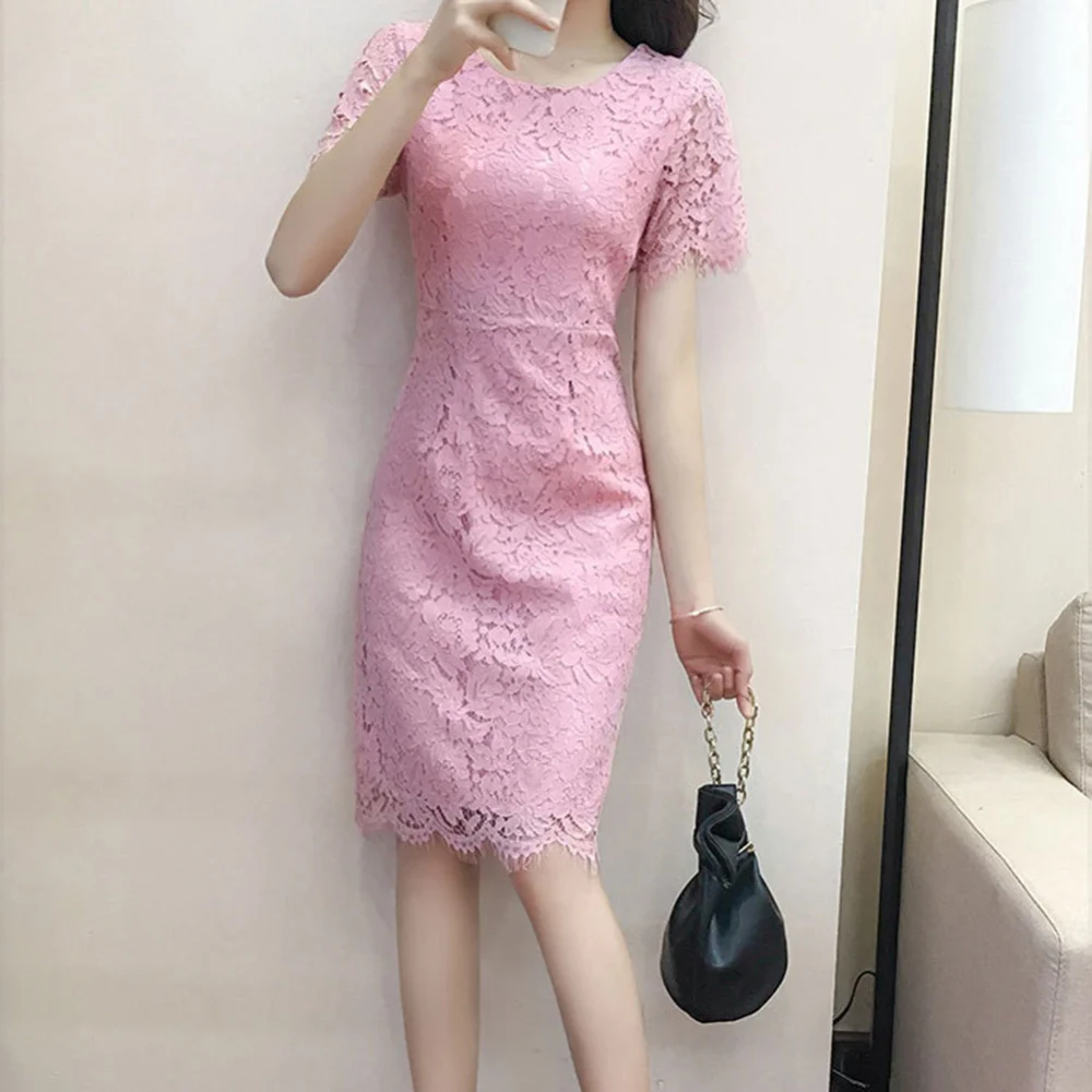 Summer Women fashion lace Dress Round Neckline Short Sleeves Crochet Lace Dress