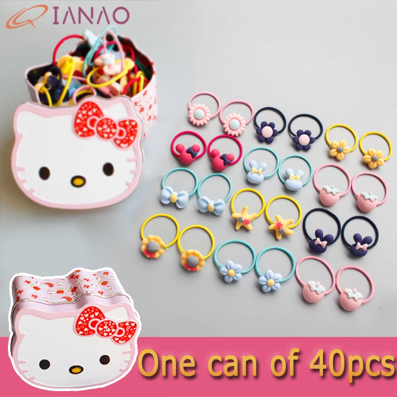 QIANAO 40 шт., железная коробка HelloKitty, упакованная для девочек, эластичные резинки для волос, резинка для волос, резинки для волос, Детские аксессуары для волос