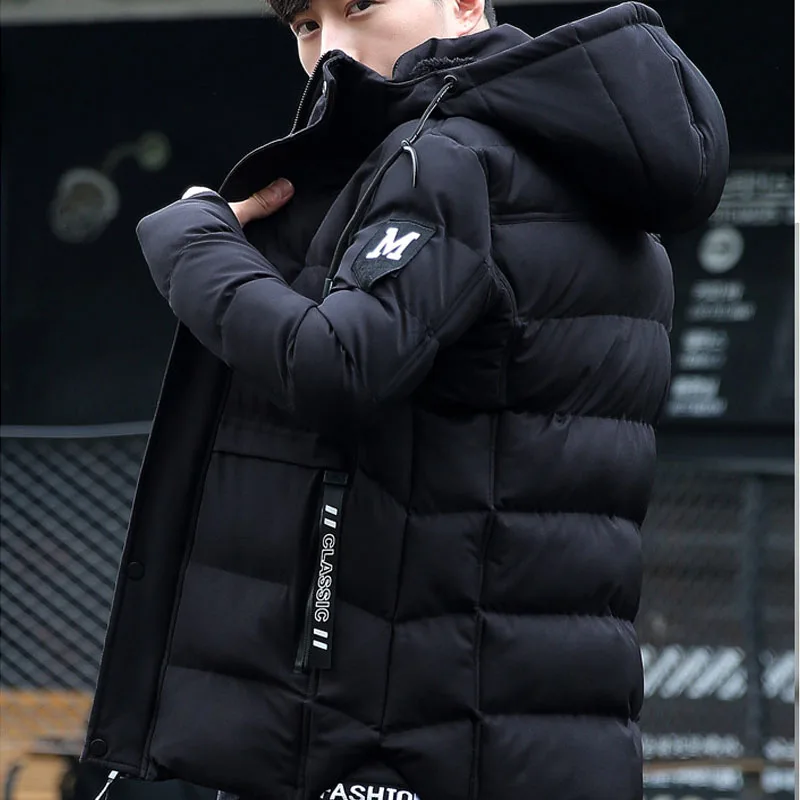 Лидер продаж, зимняя однотонная парка с капюшоном, куртки для мужчин, плотное приталенное пальто, Мужская модная повседневная пуховая куртка с длинными рукавами