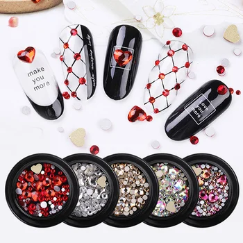 

1/Box 3D Nail Rhinestones Stones Colorful AB Color Heart Round Flat Bottom Clear Rhinestones Multi Size 3D Nail Art Decoration