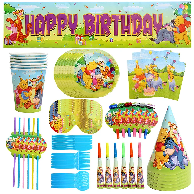 Disney Pooh Children's Birthday Party Supplies Party Tableware Set Paper Towel Tablecloth Paper Plate Knife Fork Spoon Set