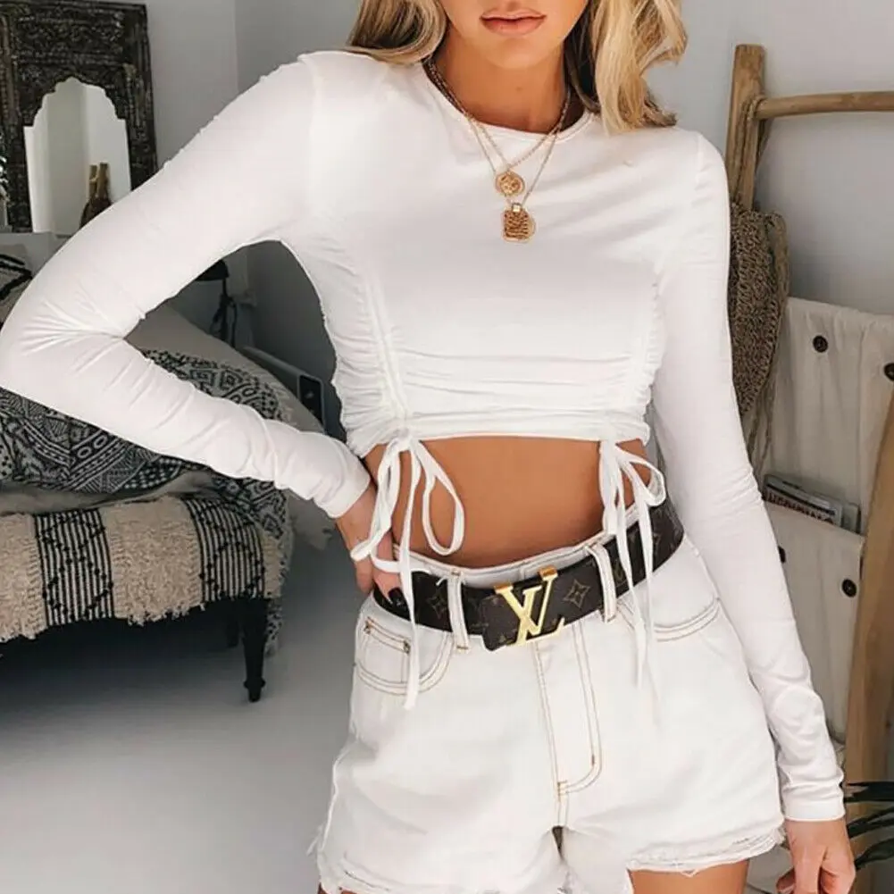 

Sexy Female O Neck Classy Crop Top Modern Women White Stretch Waist Drawstrings Short T shirt Cropped Slim Autumn New Streetwear