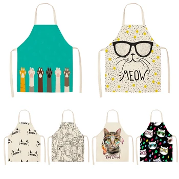 

Parent-child Kitchen Apron Cartoon Cat Printed Sleeveless Cotton Linen Aprons for Men Women Kids Home Cleaning Tools