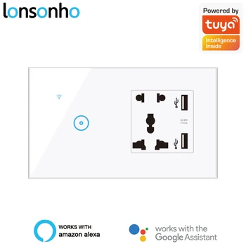 

Lonsonho Tuya eWeLink USB WiFi Smart Switch UK Universal Socket Glass Touch Panel Wall Switch Alexa Google Home Compatible
