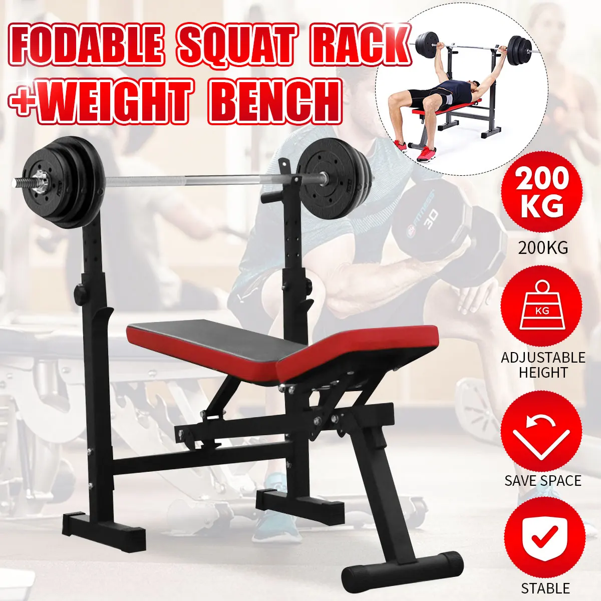 Weight Bench Set W/ Weight Gym Sit Up Bench Press Lifting Barbell Rack Exercise 