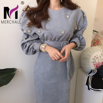 

New Spring Autumn Chic Women Vintage Corduroy Midi Dress Elegant Puff Sleeve O-Neck Beading Appliques Lace-up Sashes Dress