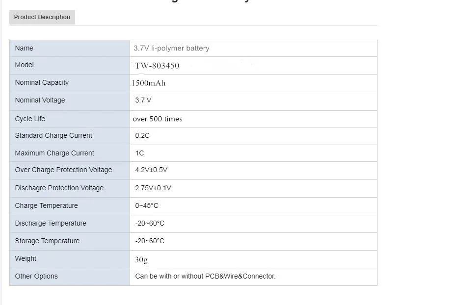Перезаряжаемая литий-полимерная литиевая батарея 3,7 v 803450 1500mah для цифровой камеры