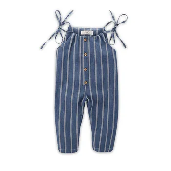 

Summer Baby Clothes Girl Strap Rompers White Stripes Print Toddler Long Jumpsuits Navy Blue Infant Kids Sleeveless Overalls