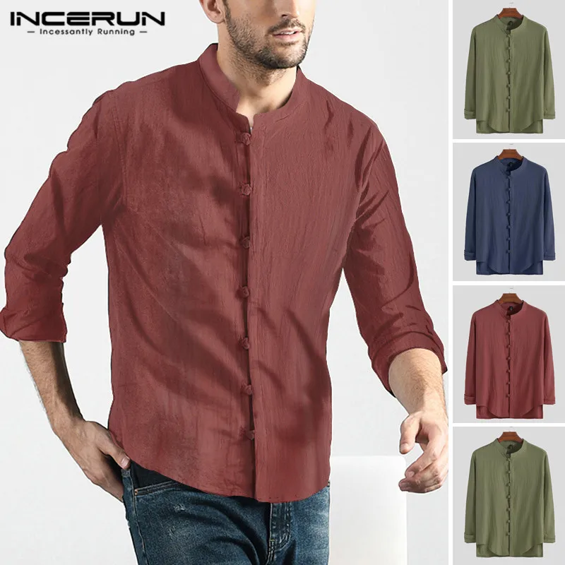 INCERUN для мужчин традиционная китайская одежда с длинным рукавом воротник хлопок