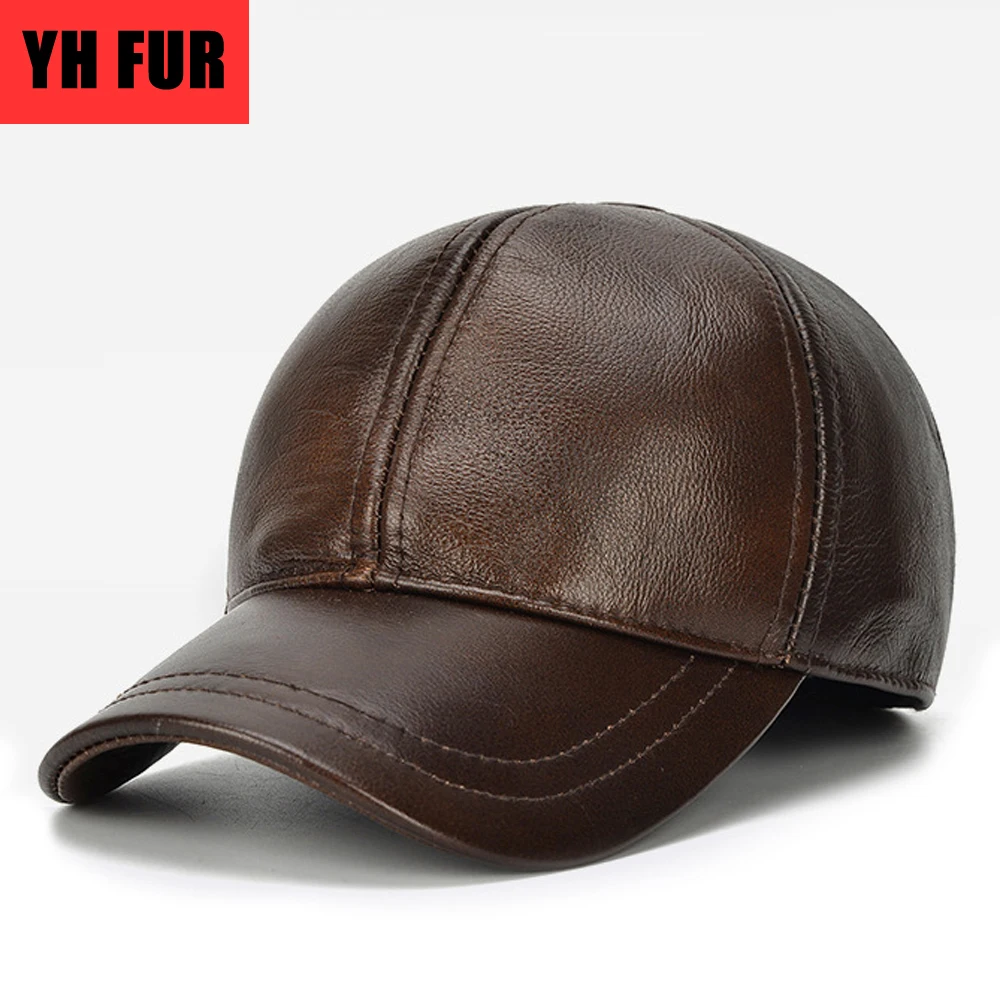 2020 Brand Men Real Cowhide Leather Caps Male Fall Winter Genuine Cow Baseball Hats Casual Earflap Cap | Аксессуары для одежды