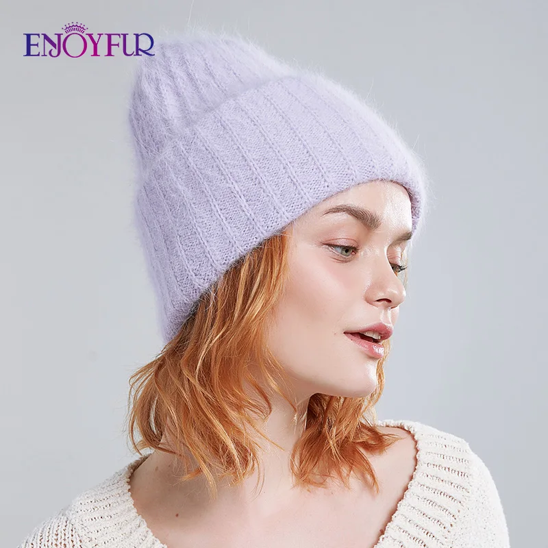 05 ENJOYFUR, зимние шапки из кроличьего меха для женщин, двойная подкладка, теплые женские шапочки, модные Молодежные женские шапки с широкими манжетами, шикарный стиль - Цвет: 05