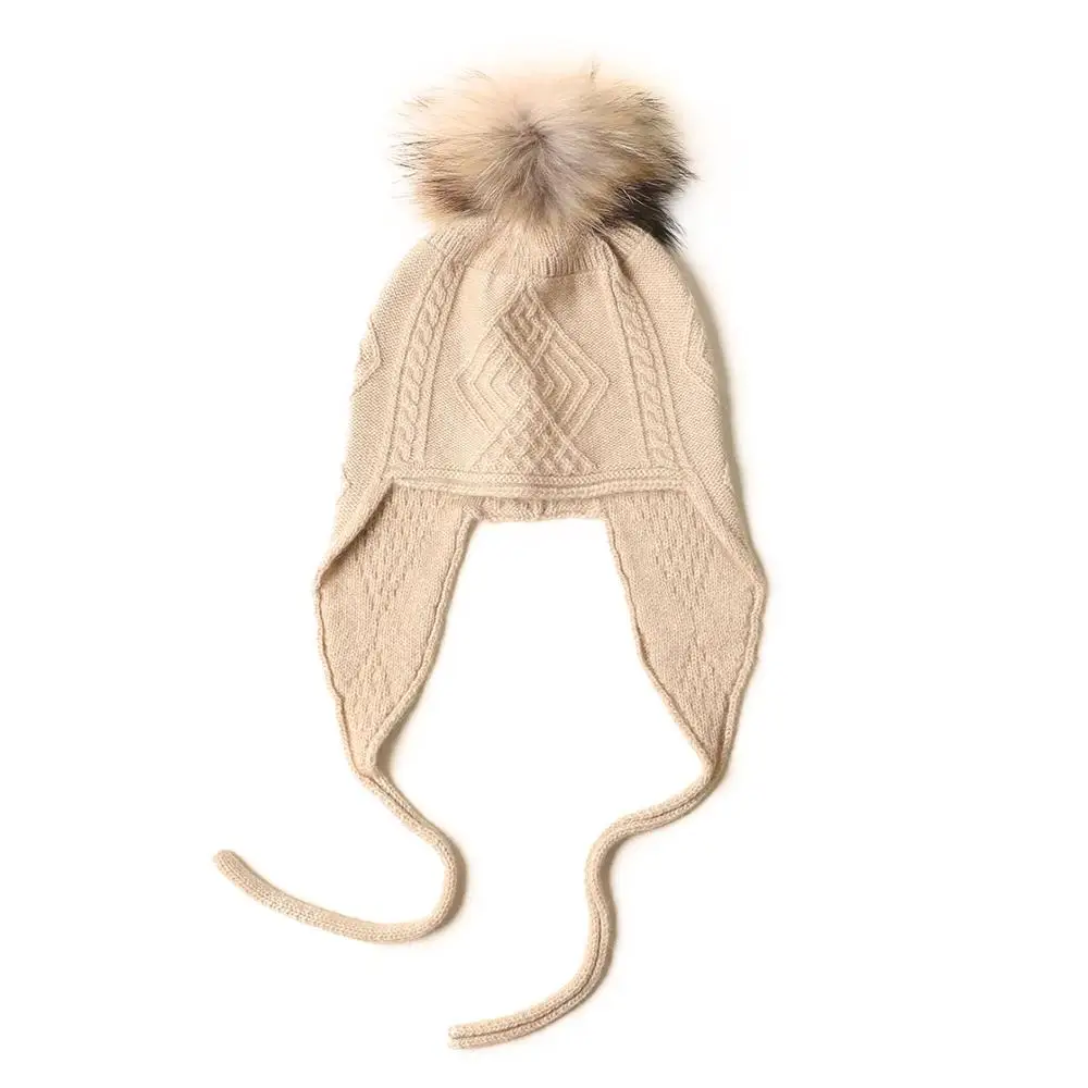CAVME 1Beige Шапки-бомберы с натуральным мехом и помпоном из натурального кашемира, теплые шапки с ушками, одноцветная шапка унисекс, свободный размер - Цвет: CAVME 1Beige