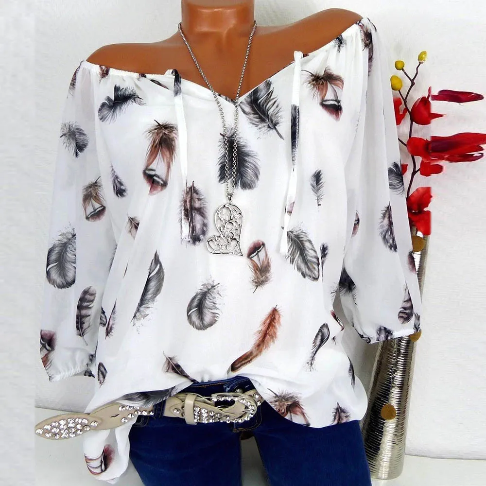 Блузка et Chemisier Femme для женщин, плюс размер, короткий рукав, женская рубашка, топ с принтом перьев, v-образный вырез, блузка, пуловер, топы, Офисная рубашка