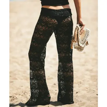 

2020 Summer Female Sexy Lace Trousers Boho Womens Loose Wide Leg Pants Printed Beach Casual Trousers Cover Up Pants Black White