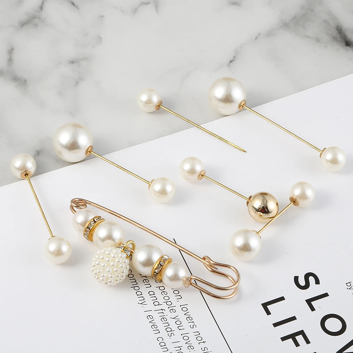 

New Fashion 1Set Gold Brooch Pins Double Head Imitation Pearl Large Big Brooches For Women Jewelry Accessories