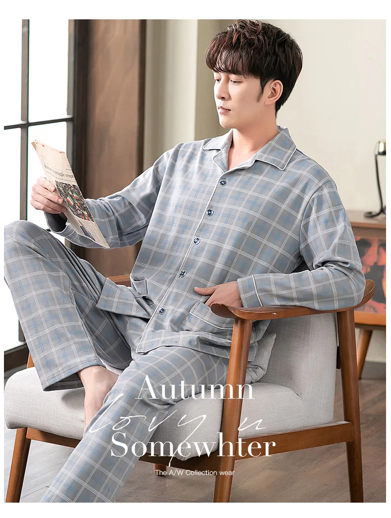 cotton loungewear Fashion Autumn Men Pajamas Home Clothing Long Sleeve Long Pants Pyjamas Sleepwear Male Full Cotton Sleep Lounge M-4XL Plus Size white cotton pyjamas