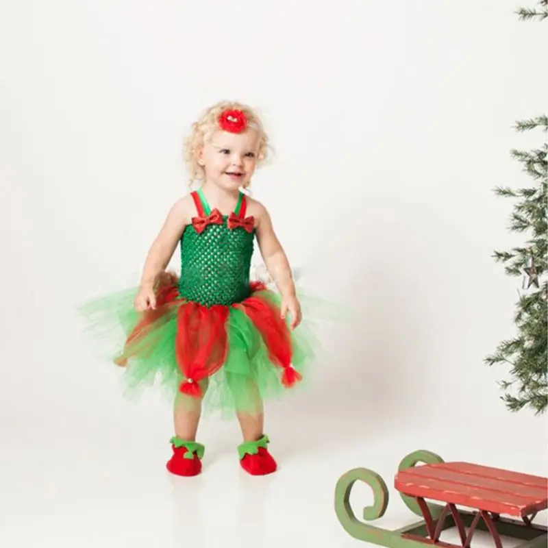 Платье-пачка из тюля красного и зеленого цвета для маленьких девочек, комплект с повязкой на голову с цветком, Рождественский костюм, 40JF