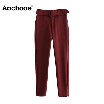 Aachoae, Женские однотонные брюки-карандаш с поясом, плиссированные карманы, повседневные брюки, раздельные, винно-красные, длинные штаны, женс...