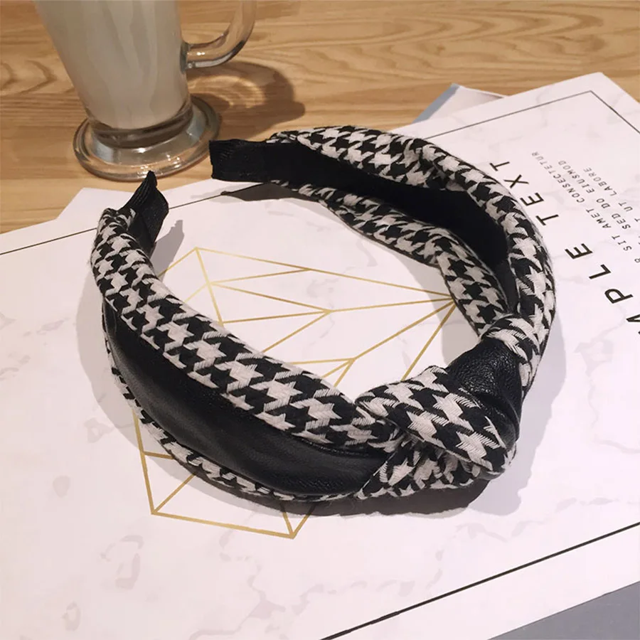 Haimeikang leather PU Stitching Headband Tiara Knotted Bow Wide-brimmed Bezel Head Hoop Korea Houndstooth Hair Accessories