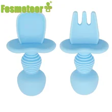 Fosmeteor 2pcs Baby Silicone Spoon and Fork Set Baby Feeding Spoon Auxiliary Food Training Tableware Baby Feeding Accessories
