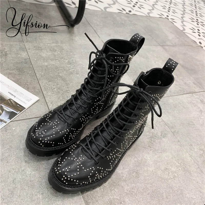 

OLOME New Fashion Black Genuine Leather Women Ankle Gladiator Boots Round Toe Side Zip Thick Low Heel Women Boots Shoes Woman