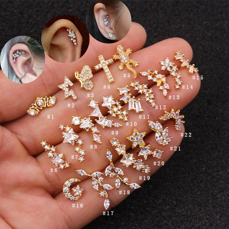 

Sellsets 1Piece 20g classic luxury designs rose gold silver color star leaf CZ ear tragus daith piercing earring