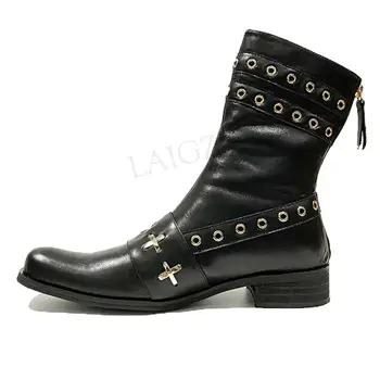 

LAIGZEM Women Ankle Boots Genuine LEATHER 3CM Low Chunky Heels Punk Booties Studded Back Zip Shoes Woman Botas Size 34 38 39 40