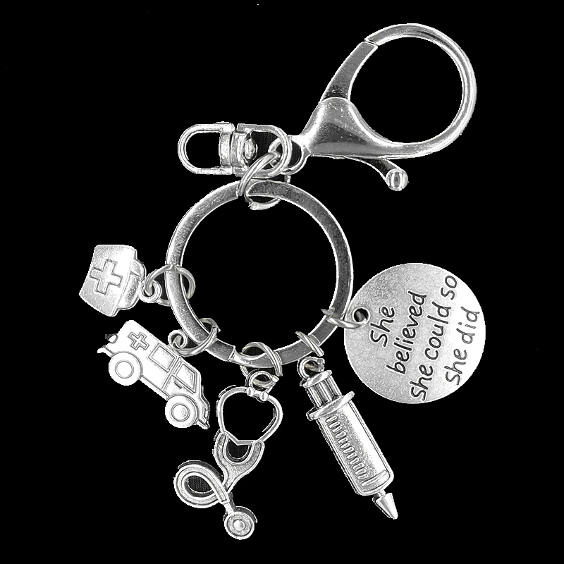 

1PCS 2020 New Fun Handmade Personality Matching Medical Model Ambulance / Syringe / Nurse Cap / Stethoscope Metal Keychain Gift