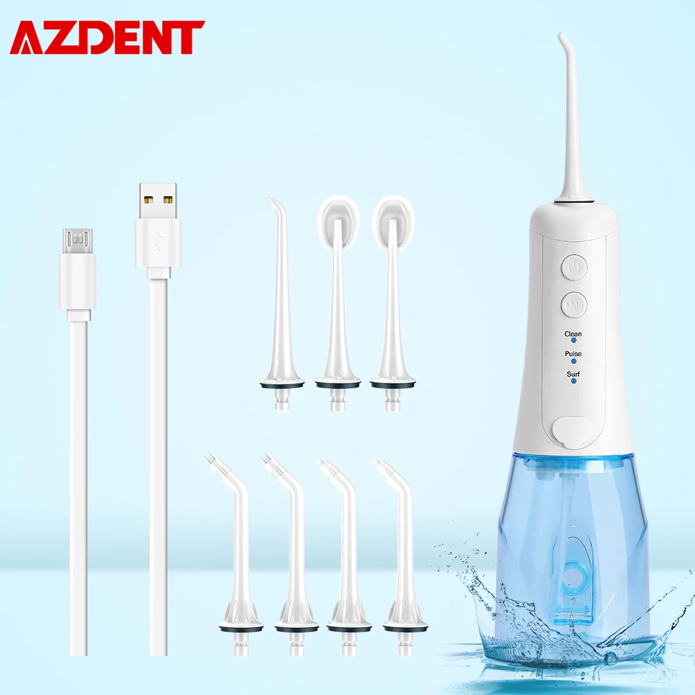 AZDENT Portable Electric Oral Irrigator USB Recharge Water Dental Flosser 3 Modes 350ml Tank IPX7 Waterproof 4 Tips 2min Timing