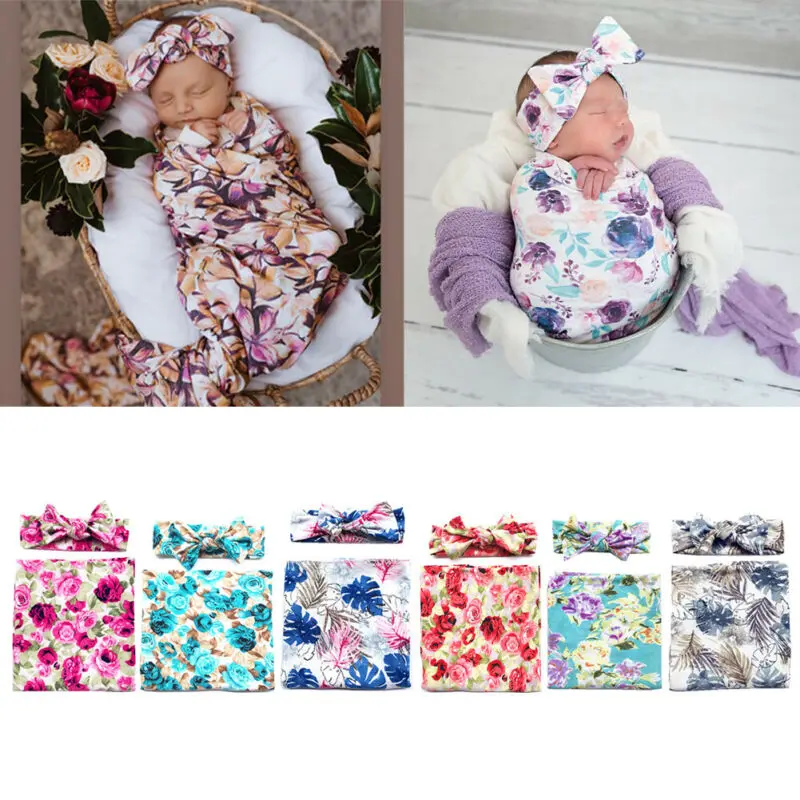 

Newborn Infant Baby Girl Boy Swaddle Blanket Baby Sleeping Floral Swaddle Muslin Wrap Headband