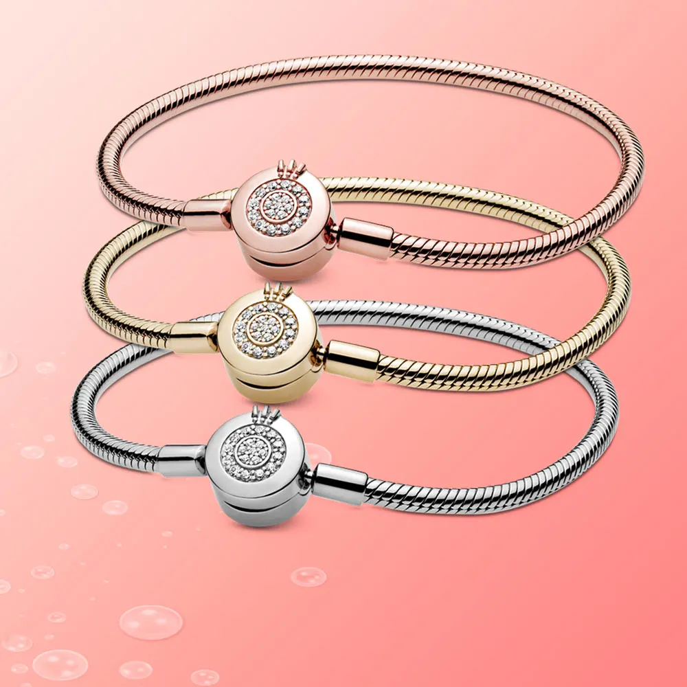 Аутентичные 925 серебро Шарм круглая форма из розового золота и золотой браслет