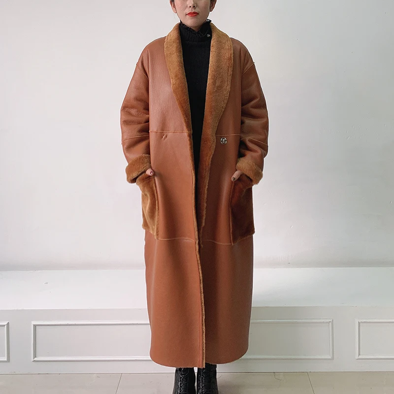 Зима, женская шуба из овчины, куртка с ремнем, коричневая куртка из натуральной кожи размера плюс, зимнее пальто для женщин, модная одежда - Цвет: Brown
