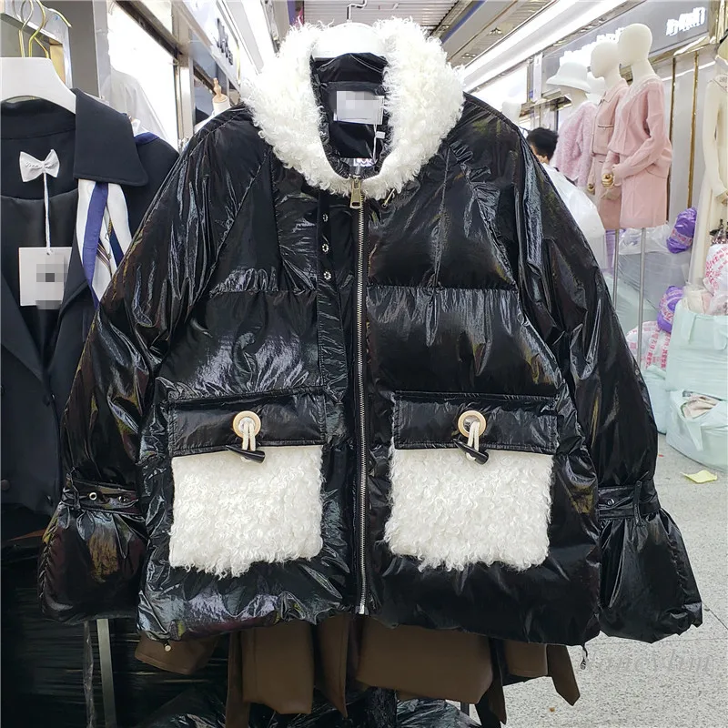 

Glossy Panel Lalambswool Bread Jacket Cotton-Padded Clothes Women's Winter Short Korean-Style Loose Thickened Quilted Coats