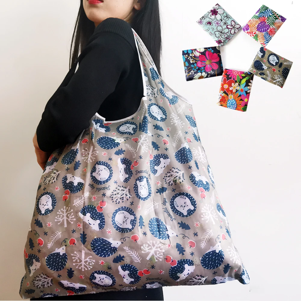 Reusable shopping bags washable folding grocery bag large navy floral 