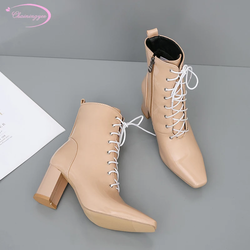 

British college style square toe paint ankle boot lace-up zipper black white apricot red high-heeled chunky women's riding boots