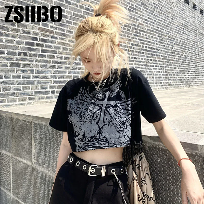 Gothic Stijl Crop Top Harajuku Grafische T shirt Voor Vrouwen Ulzzang Tshirt Zomer Tee Short Goth Kleding Korte Mouw album y2k