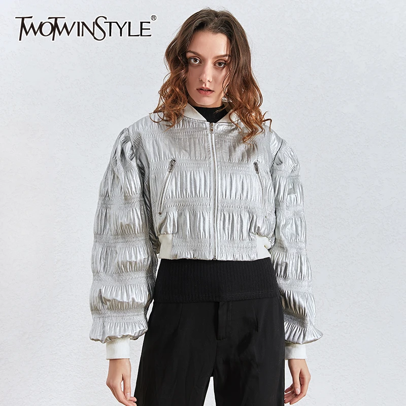

TWOTWINSTYLE Casual Hit Color Ruched Jackets Womens O Neck Lantern Long Sleeve Patchwork Short Coats For Female 2020 Fashion New