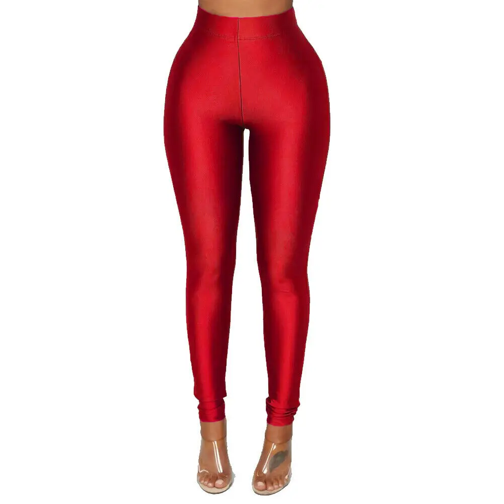 Женские повседневные блестящие леггинсы эластичные длинные штаны модные спортивные бесшовные с высокой талией однотонные узкие Джеггинсы - Цвет: Красный