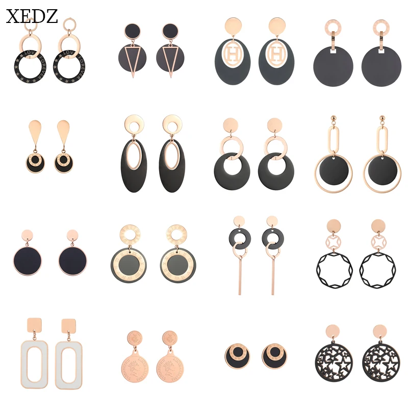 

XEDZ New Rose Gold Curved Geometric Round Earrings Ear Hook Jewelry Fashion Personality Hollow Round Steel Titanium Earrings Col