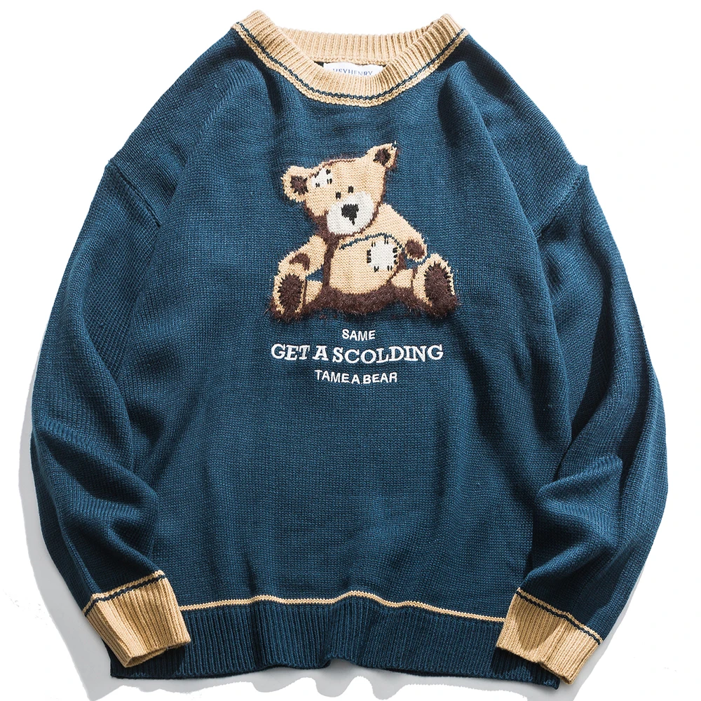 OSCN7 свитера с вышитым забавным медведем для мужчин осень высокая уличная мода Wo мужские пуловеры с круглым вырезом винтажные свитера 89132 - Цвет: Синий