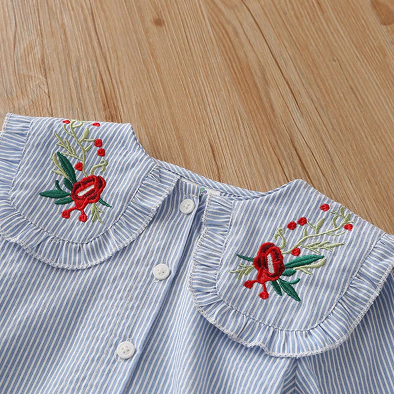 New Spring Autumn 2 3 4 6 8 10 Years Cotton White Blue Striped Embroidery Flower Flare Sleeve Kids Baby Girls Blouse Shirt