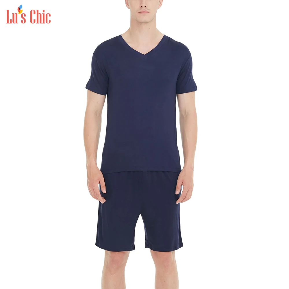 Lu's Chic Men's Short Sleeves Pajama Set Tops Shorts Summer Loungewear Modal Soft Sleep PJ Set Solid Cotton 2 Pieces Nightwear