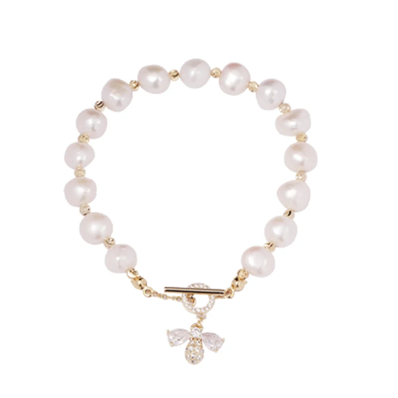 Bracelet Jewelry For Woman Luxury Zircon Bee Pendant Baroque Natural Pearl String