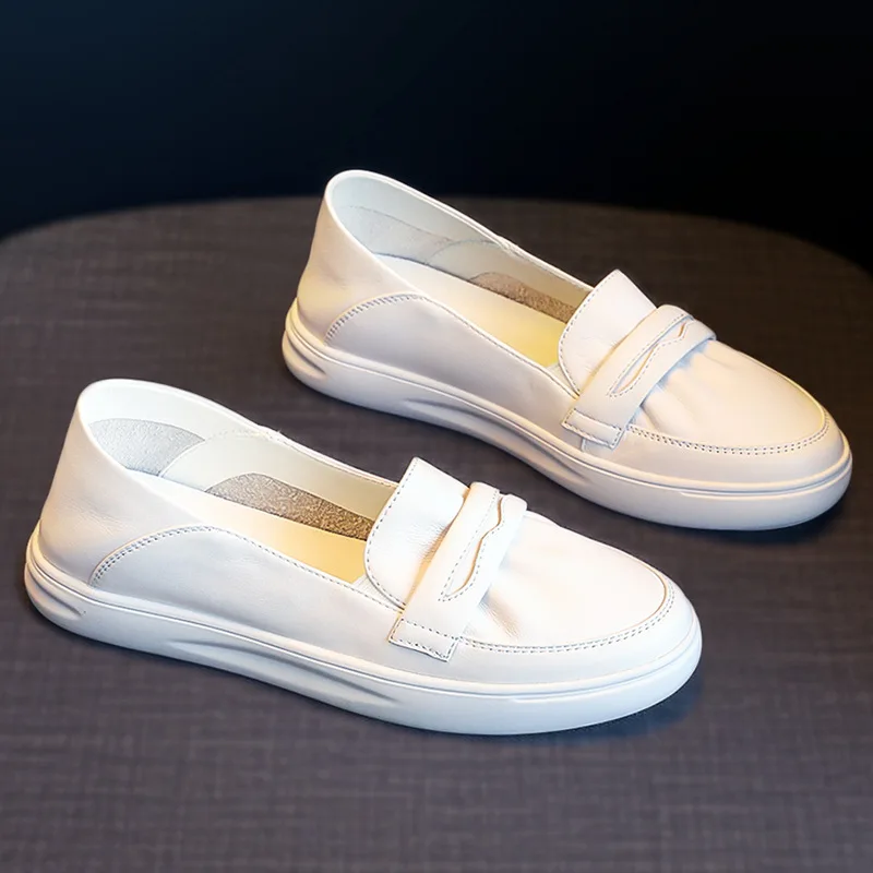 Genuine Leather White Shoes Women's Shoes Spring and Summer 2022 New Shallow Mouth Shoes Casual One-foot Flat Shoes