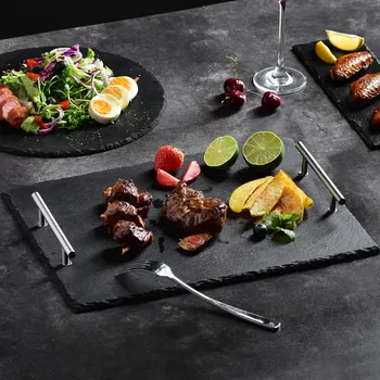 

MALACASA Natural Slate Stone Cheese Board Rectangle Sushi Steak Barbecue Pizza Flat Fruit Plate Coffee Mats with Carrying Handle