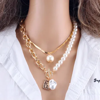 

2020 Fashion Jewelry Imitation Pearl Layered Choker Statement Necklace Female Gold Color Square Pendant Necklaces for Women 2pcs