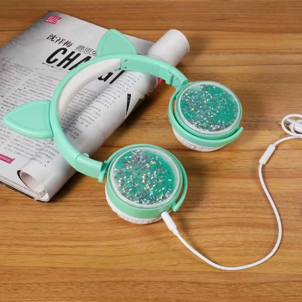 Girls Cat Ear Headset Quicksand Decor Music Sports Headphones for Kids Gifts