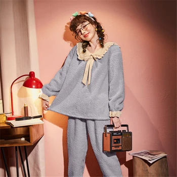 

Autumn and winter ladies pajamas butterfly lapel sweet and fresh ins wind long-sleeved thick warm home service suit JJF0179