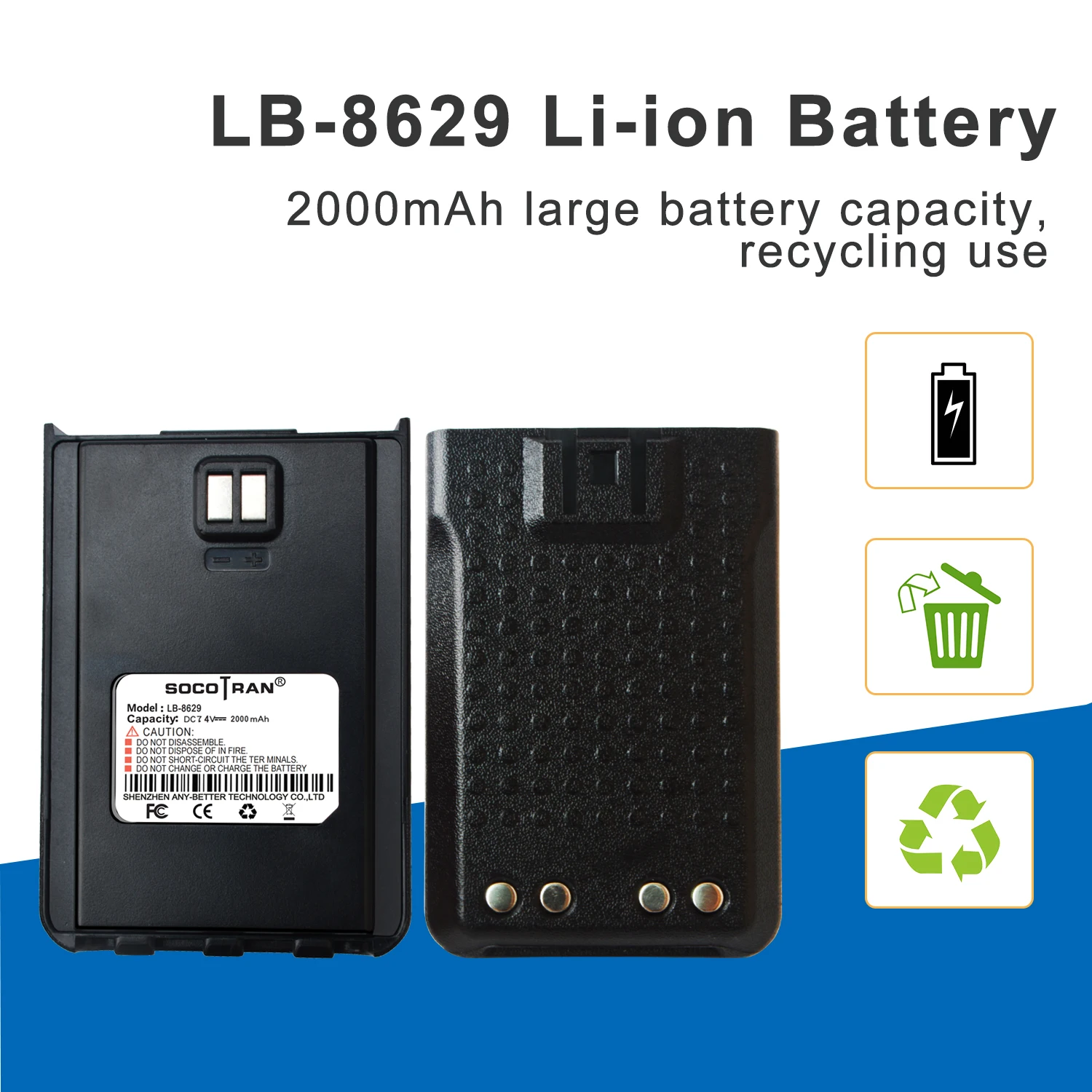 SocoTranFB8629BatteryLB86292000mAhLiionBatteryforFB8629Ham