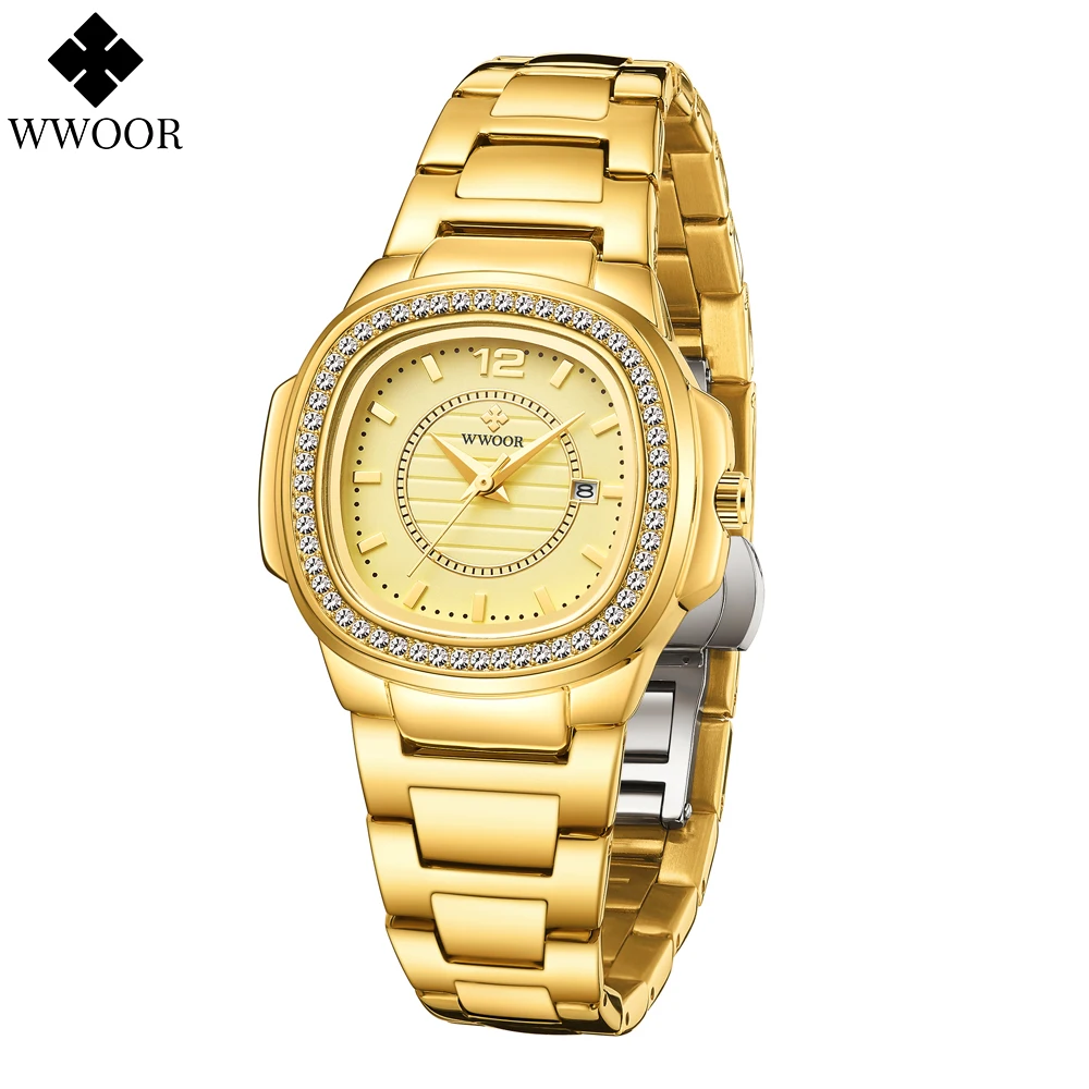 WWOOR Fashion Women Watches Gold Luxury Ladies Dress Bracelet Watches Stainless Steel Waterproof Date Female Quartz Wristwatch